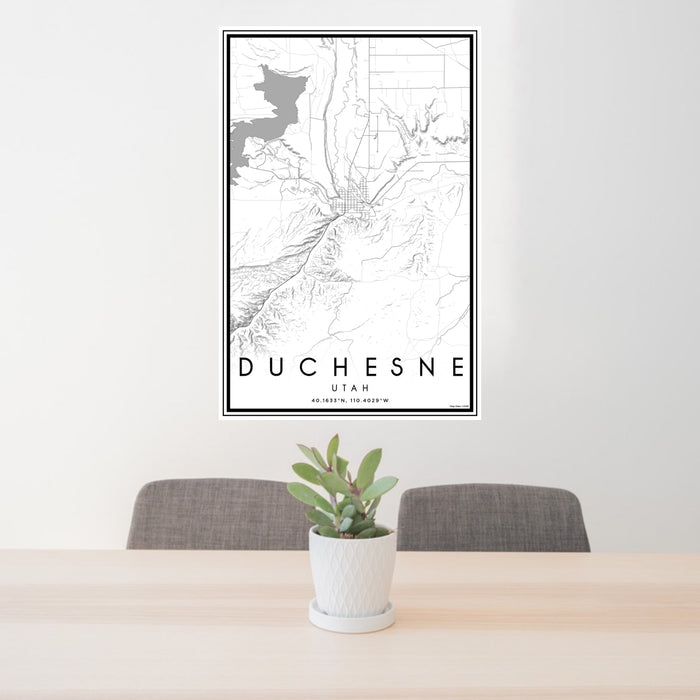 24x36 Duchesne Utah Map Print Portrait Orientation in Classic Style Behind 2 Chairs Table and Potted Plant