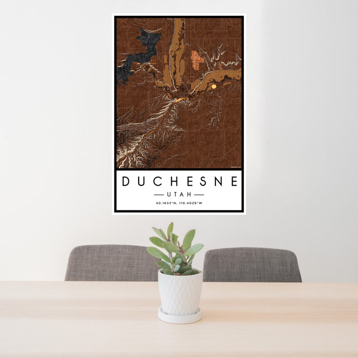 24x36 Duchesne Utah Map Print Portrait Orientation in Ember Style Behind 2 Chairs Table and Potted Plant