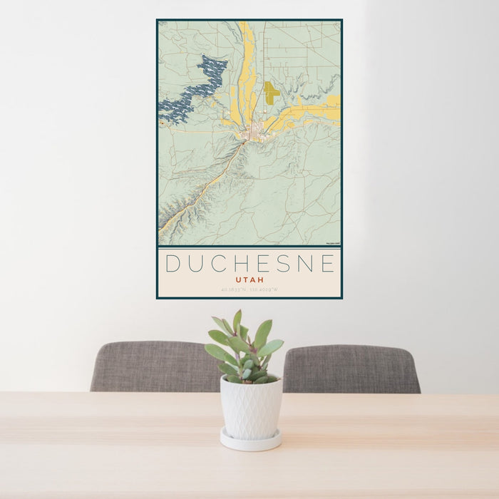 24x36 Duchesne Utah Map Print Portrait Orientation in Woodblock Style Behind 2 Chairs Table and Potted Plant