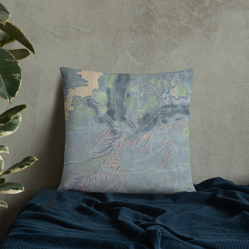 Custom Duchesne Utah Map Throw Pillow in Afternoon on Bedding Against Wall