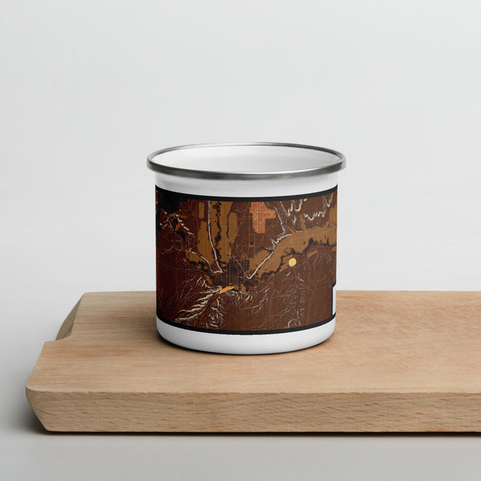 Front View Custom Duchesne Utah Map Enamel Mug in Ember on Cutting Board