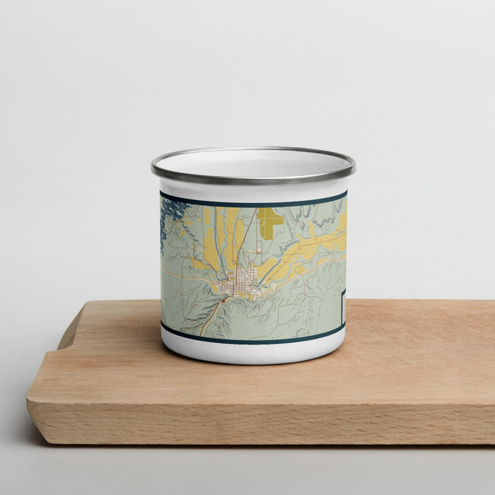 Front View Custom Duchesne Utah Map Enamel Mug in Woodblock on Cutting Board