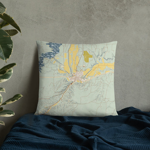 Custom Duchesne Utah Map Throw Pillow in Woodblock on Bedding Against Wall