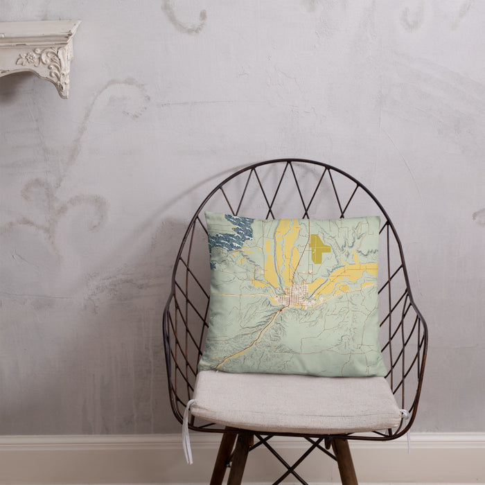 Custom Duchesne Utah Map Throw Pillow in Woodblock on Cream Colored Couch