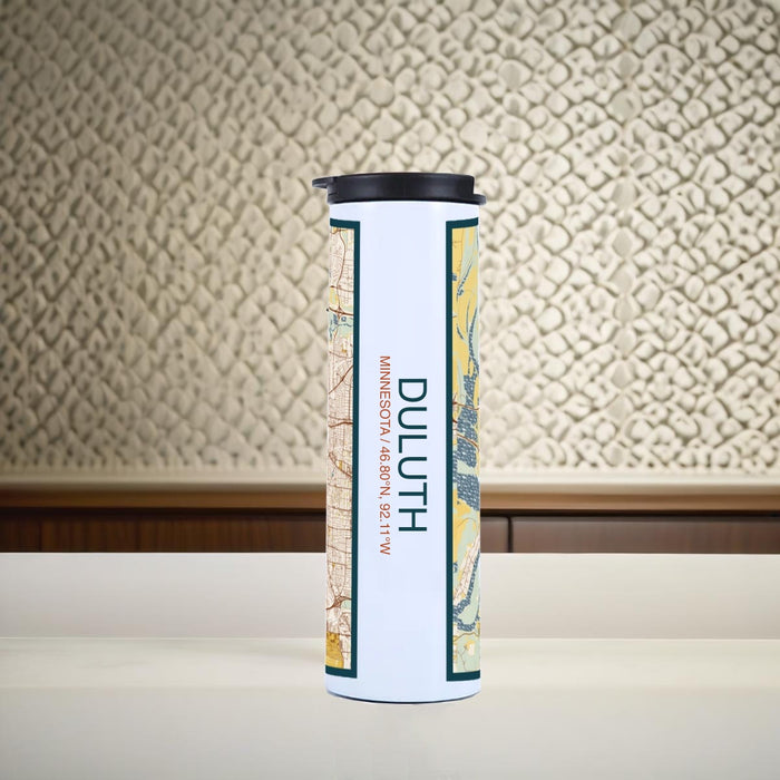 Duluth Minnesota Custom City Map Inscription Coordinates on 17oz Stainless Steel Insulated Tumbler in Woodblock Map Style