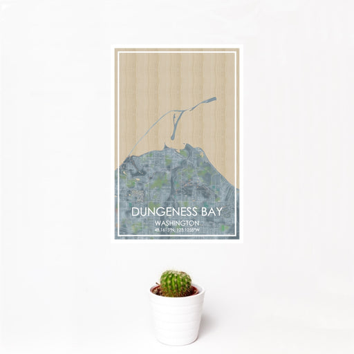 12x18 Dungeness Bay Washington Map Print Portrait Orientation in Afternoon Style With Small Cactus Plant in White Planter