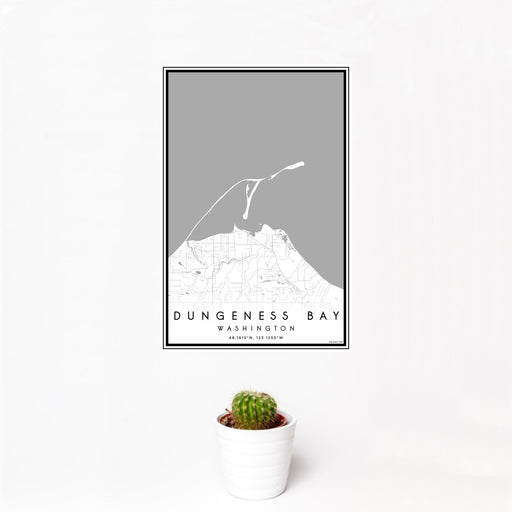 12x18 Dungeness Bay Washington Map Print Portrait Orientation in Classic Style With Small Cactus Plant in White Planter