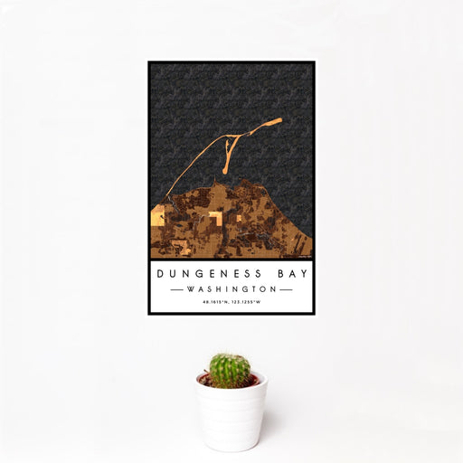 12x18 Dungeness Bay Washington Map Print Portrait Orientation in Ember Style With Small Cactus Plant in White Planter