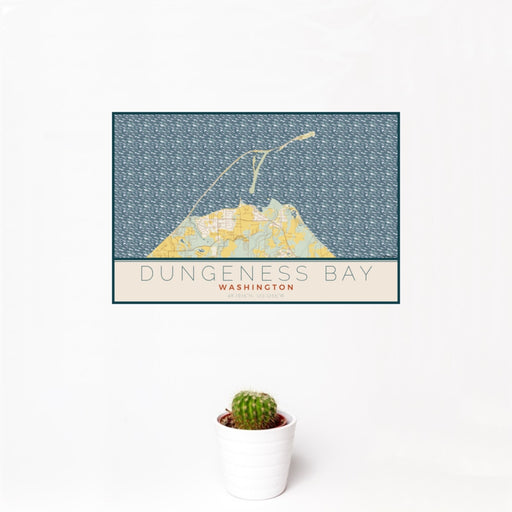 12x18 Dungeness Bay Washington Map Print Landscape Orientation in Woodblock Style With Small Cactus Plant in White Planter