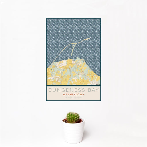 12x18 Dungeness Bay Washington Map Print Portrait Orientation in Woodblock Style With Small Cactus Plant in White Planter