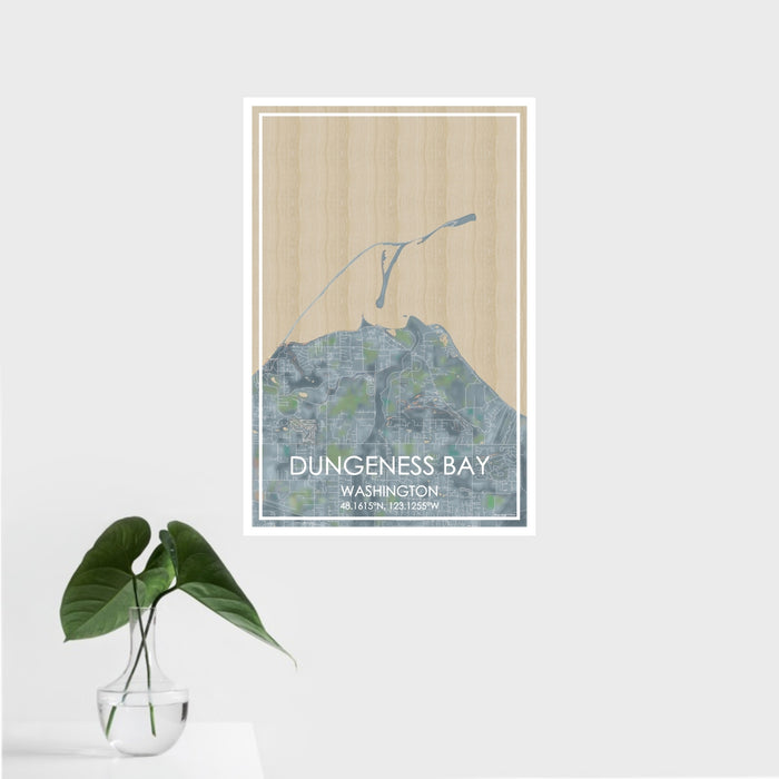 16x24 Dungeness Bay Washington Map Print Portrait Orientation in Afternoon Style With Tropical Plant Leaves in Water