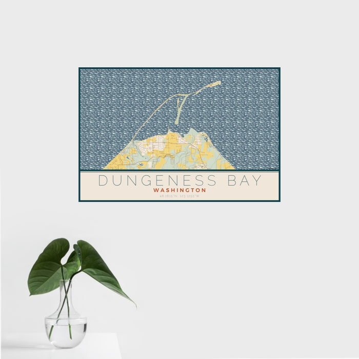 16x24 Dungeness Bay Washington Map Print Landscape Orientation in Woodblock Style With Tropical Plant Leaves in Water