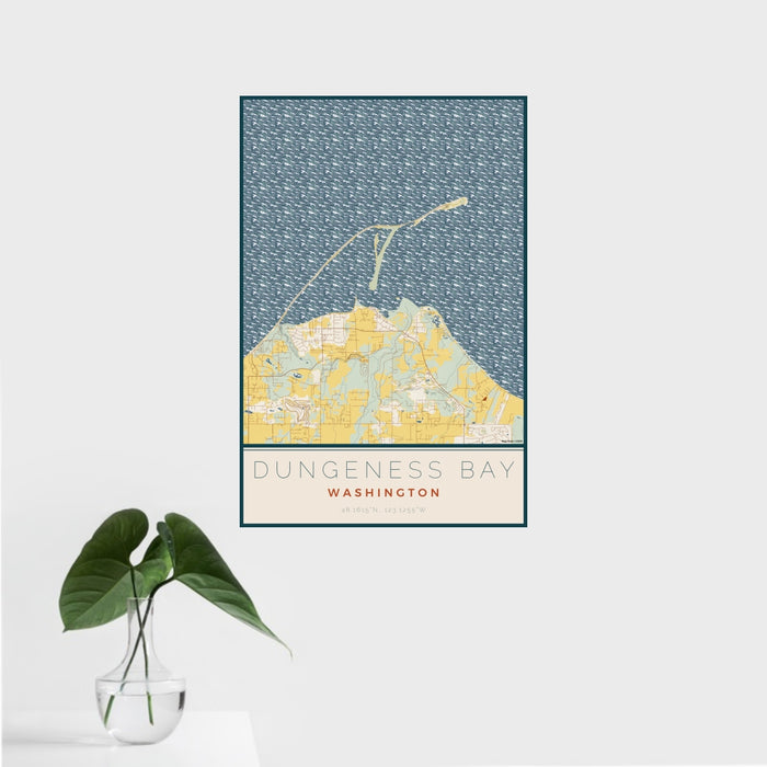 16x24 Dungeness Bay Washington Map Print Portrait Orientation in Woodblock Style With Tropical Plant Leaves in Water
