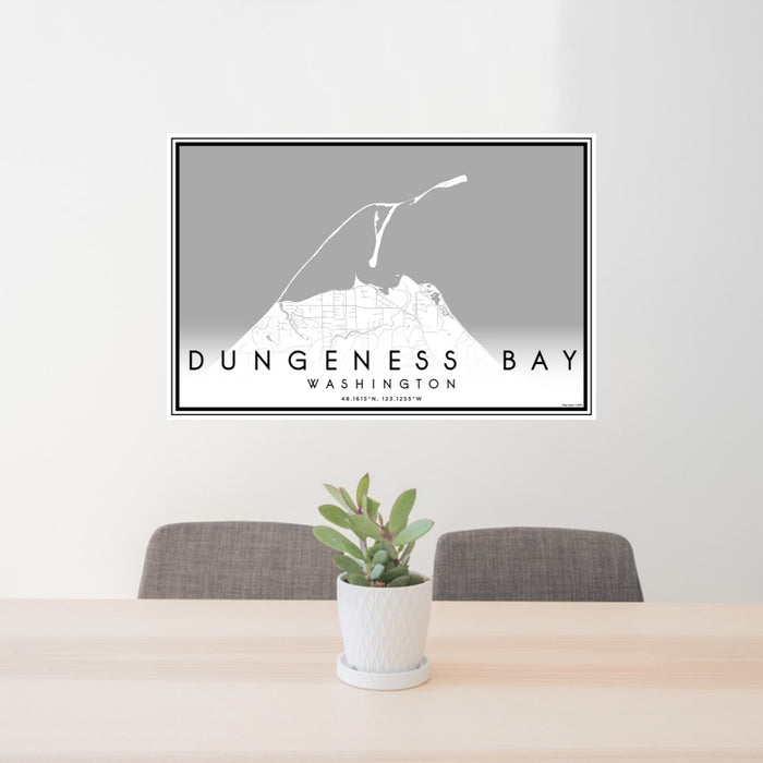 24x36 Dungeness Bay Washington Map Print Lanscape Orientation in Classic Style Behind 2 Chairs Table and Potted Plant