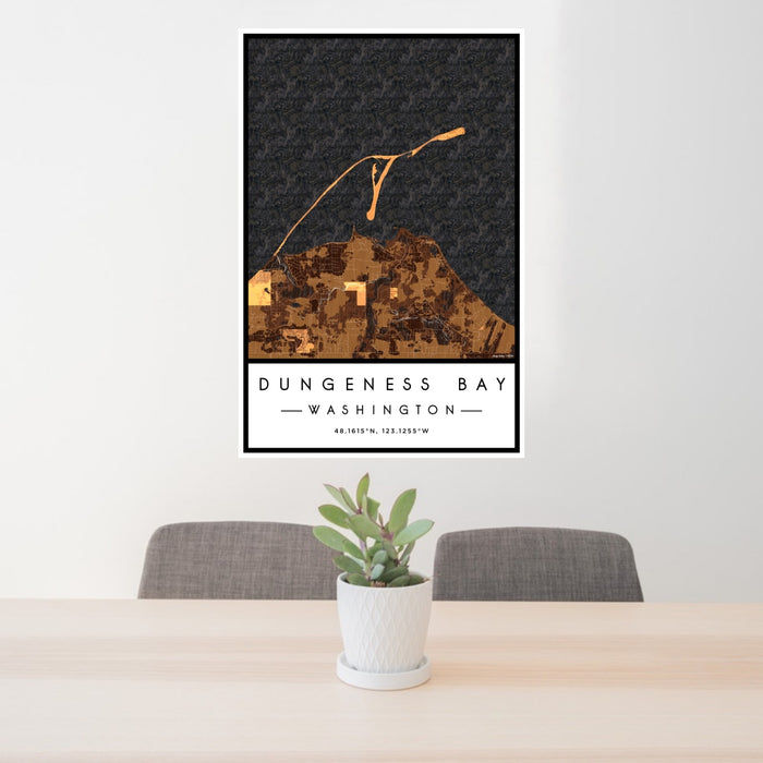 24x36 Dungeness Bay Washington Map Print Portrait Orientation in Ember Style Behind 2 Chairs Table and Potted Plant