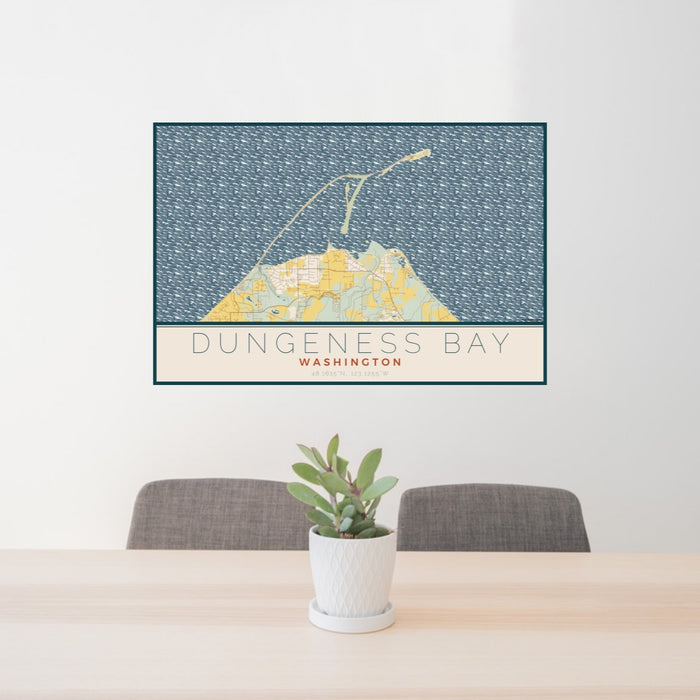 24x36 Dungeness Bay Washington Map Print Lanscape Orientation in Woodblock Style Behind 2 Chairs Table and Potted Plant