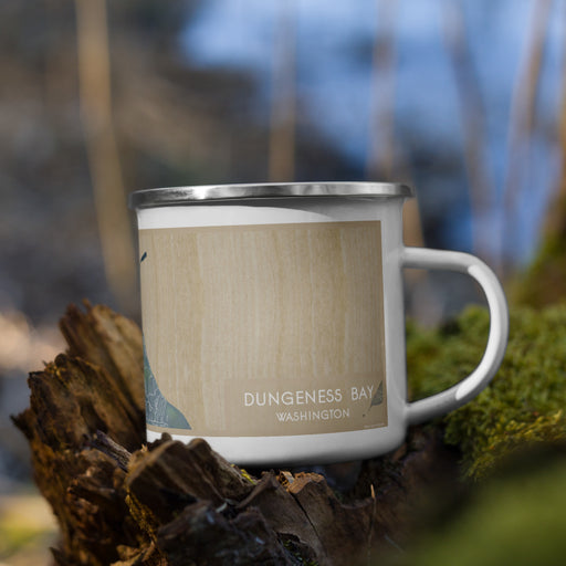 Right View Custom Dungeness Bay Washington Map Enamel Mug in Afternoon on Grass With Trees in Background