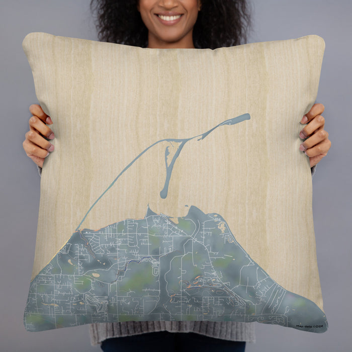 Person holding 22x22 Custom Dungeness Bay Washington Map Throw Pillow in Afternoon