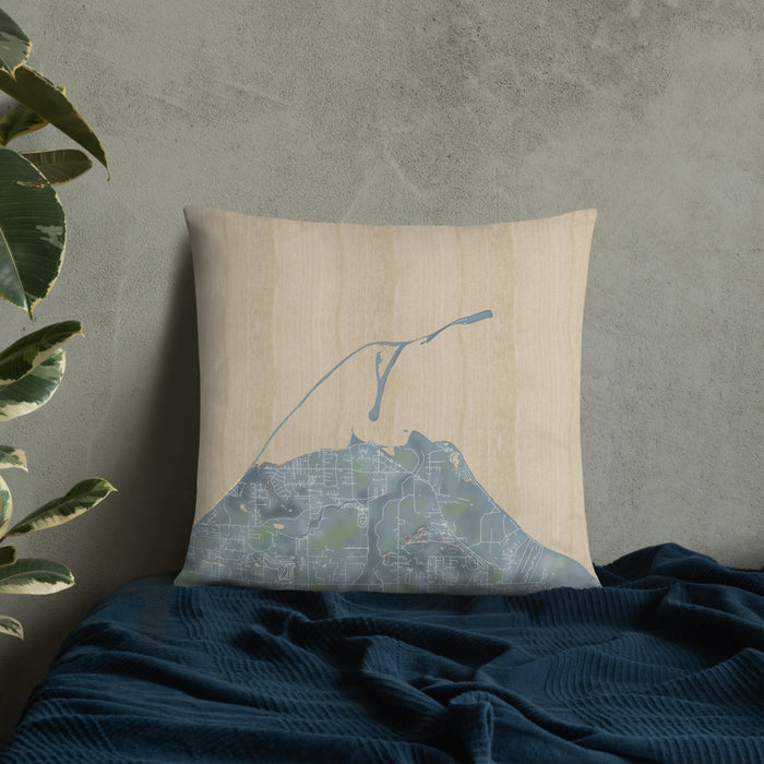 Custom Dungeness Bay Washington Map Throw Pillow in Afternoon on Bedding Against Wall