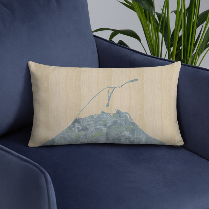 Custom Dungeness Bay Washington Map Throw Pillow in Afternoon on Blue Colored Chair