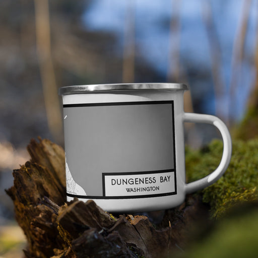 Right View Custom Dungeness Bay Washington Map Enamel Mug in Classic on Grass With Trees in Background