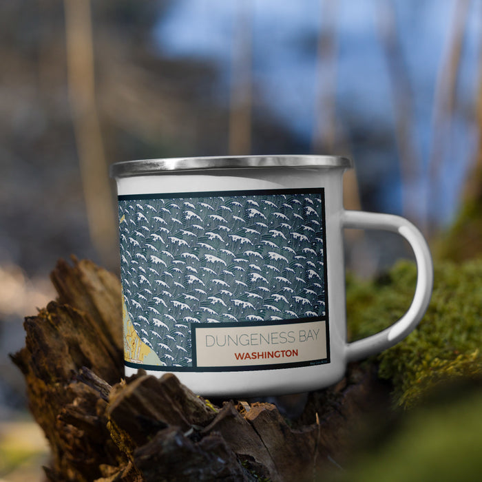 Right View Custom Dungeness Bay Washington Map Enamel Mug in Woodblock on Grass With Trees in Background