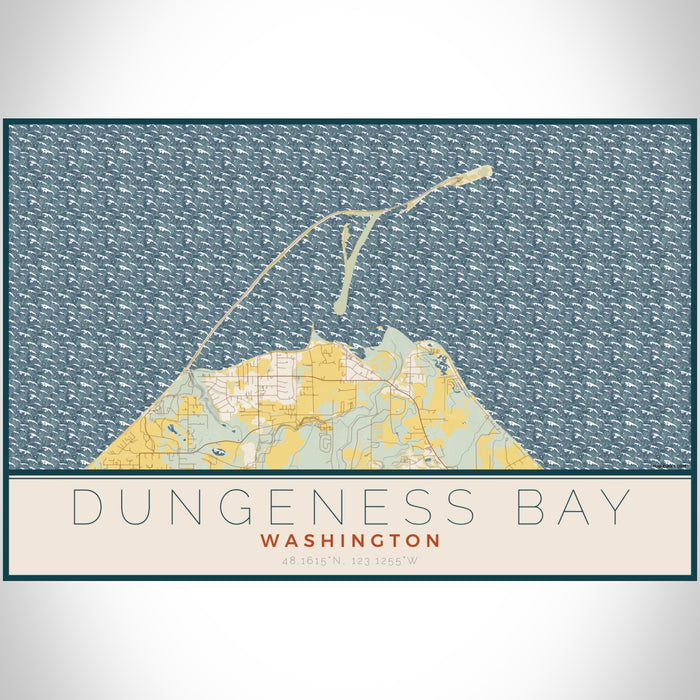 Dungeness Bay Washington Map Print Landscape Orientation in Woodblock Style With Shaded Background