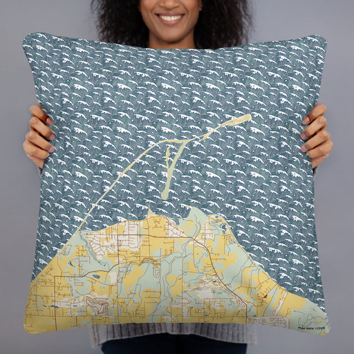 Person holding 22x22 Custom Dungeness Bay Washington Map Throw Pillow in Woodblock