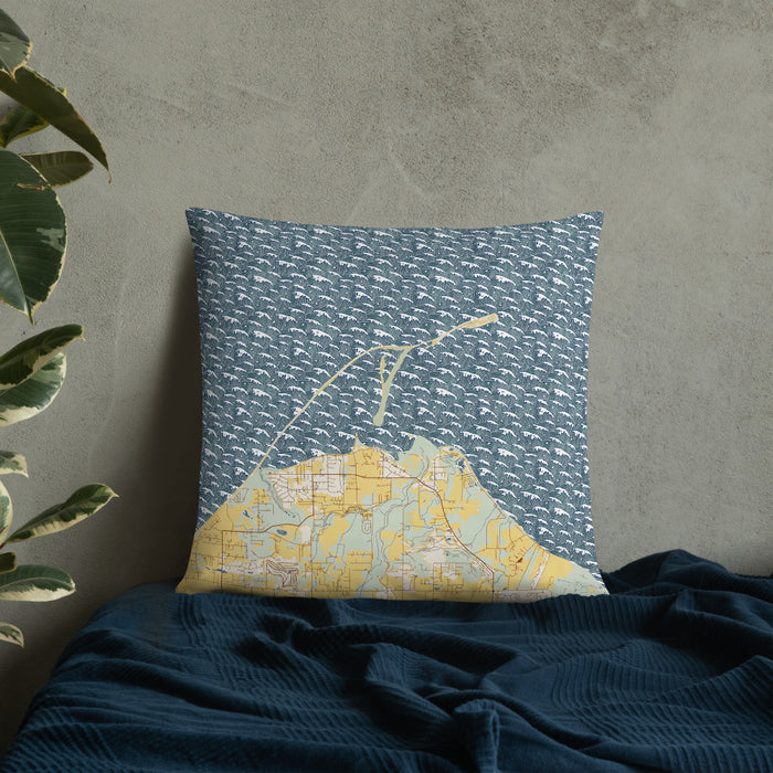 Custom Dungeness Bay Washington Map Throw Pillow in Woodblock on Bedding Against Wall
