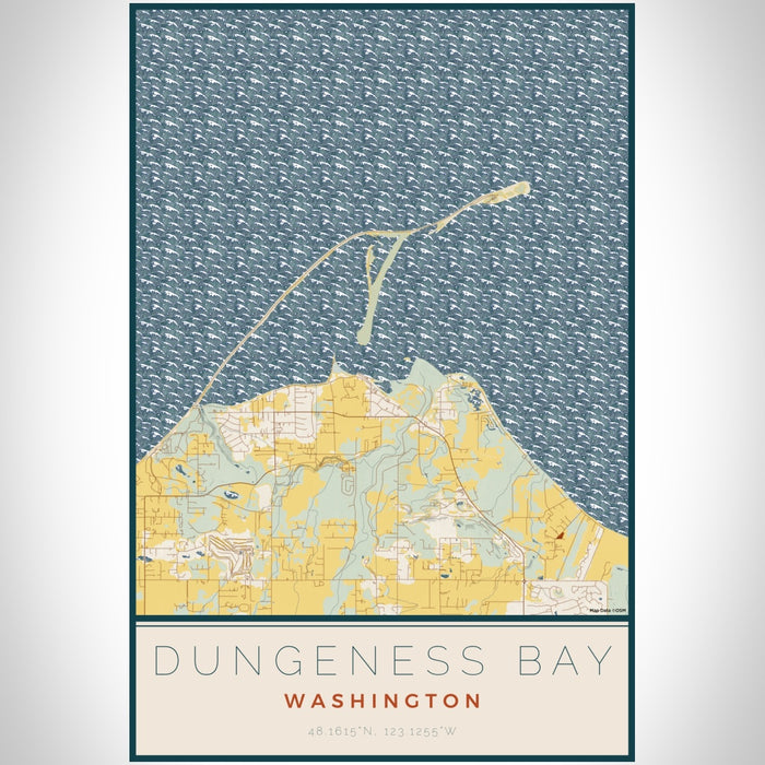 Dungeness Bay Washington Map Print Portrait Orientation in Woodblock Style With Shaded Background