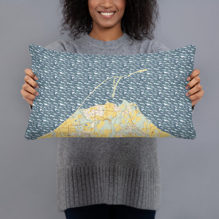 Person holding 20x12 Custom Dungeness Bay Washington Map Throw Pillow in Woodblock