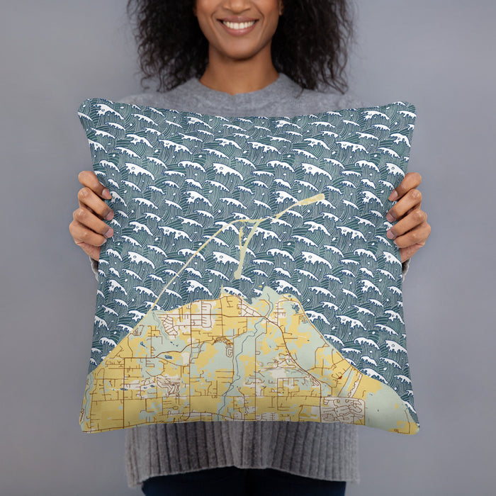 Person holding 18x18 Custom Dungeness Bay Washington Map Throw Pillow in Woodblock