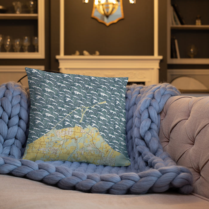 Custom Dungeness Bay Washington Map Throw Pillow in Woodblock on Cream Colored Couch