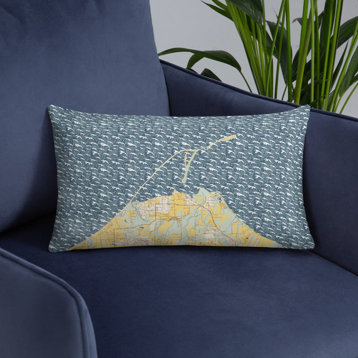 Custom Dungeness Bay Washington Map Throw Pillow in Woodblock on Blue Colored Chair
