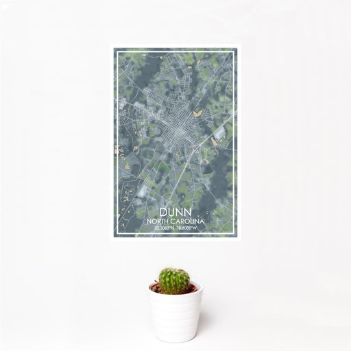 12x18 Dunn North Carolina Map Print Portrait Orientation in Afternoon Style With Small Cactus Plant in White Planter