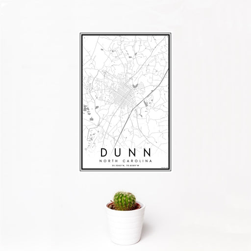 12x18 Dunn North Carolina Map Print Portrait Orientation in Classic Style With Small Cactus Plant in White Planter