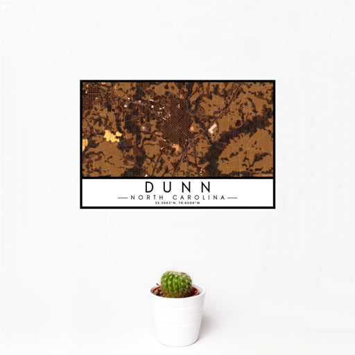 12x18 Dunn North Carolina Map Print Landscape Orientation in Ember Style With Small Cactus Plant in White Planter