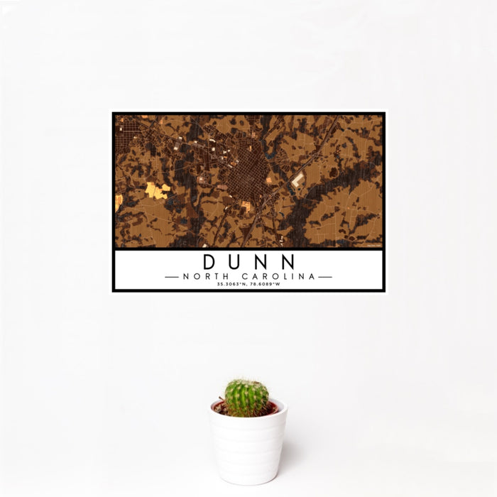 12x18 Dunn North Carolina Map Print Landscape Orientation in Ember Style With Small Cactus Plant in White Planter