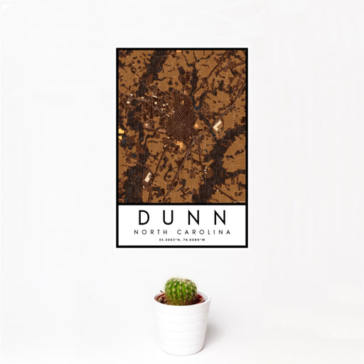 12x18 Dunn North Carolina Map Print Portrait Orientation in Ember Style With Small Cactus Plant in White Planter