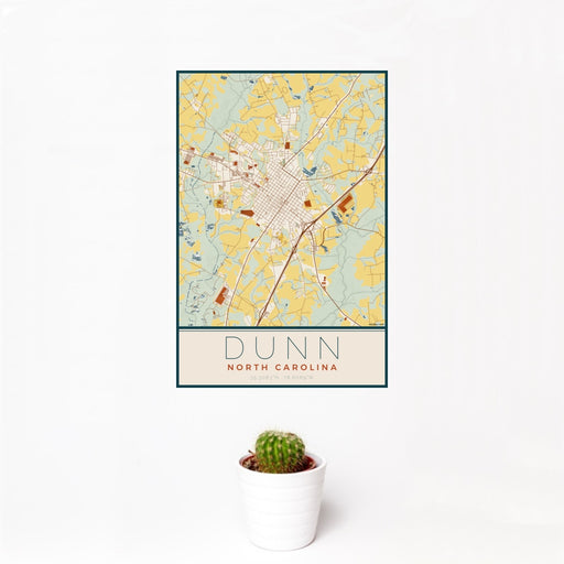 12x18 Dunn North Carolina Map Print Portrait Orientation in Woodblock Style With Small Cactus Plant in White Planter