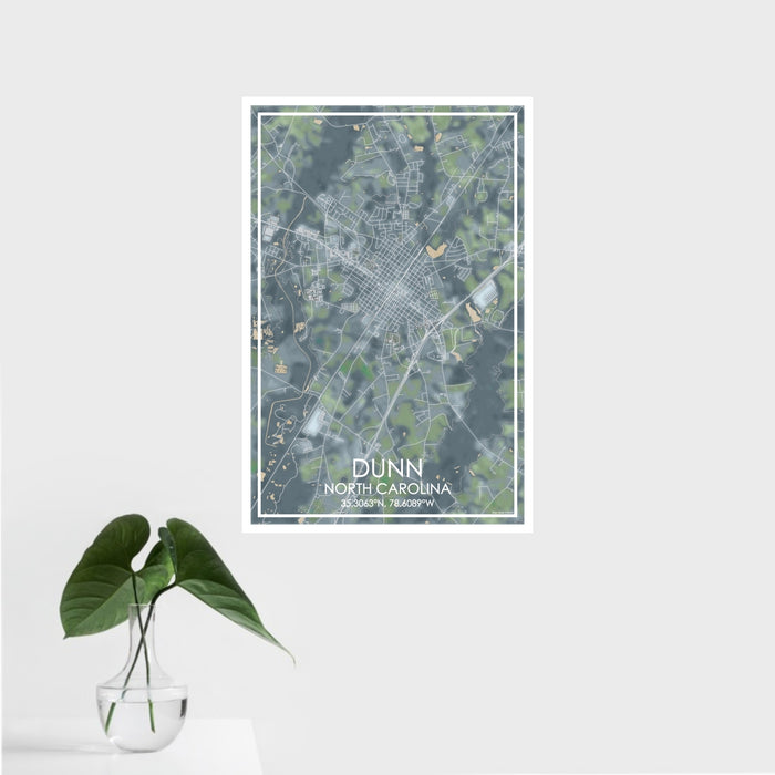 16x24 Dunn North Carolina Map Print Portrait Orientation in Afternoon Style With Tropical Plant Leaves in Water