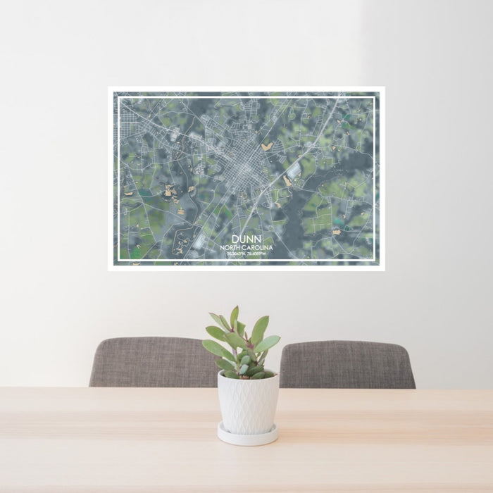 24x36 Dunn North Carolina Map Print Lanscape Orientation in Afternoon Style Behind 2 Chairs Table and Potted Plant