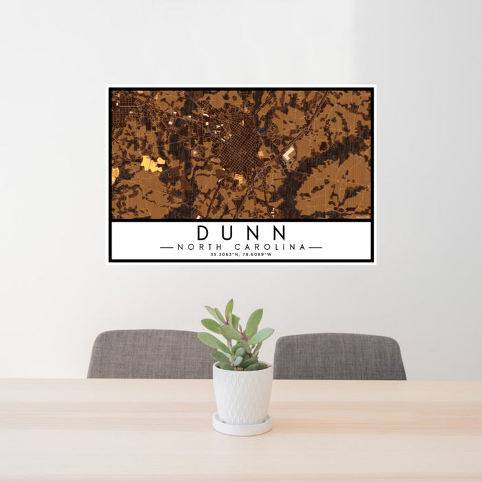 24x36 Dunn North Carolina Map Print Lanscape Orientation in Ember Style Behind 2 Chairs Table and Potted Plant