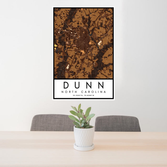 24x36 Dunn North Carolina Map Print Portrait Orientation in Ember Style Behind 2 Chairs Table and Potted Plant