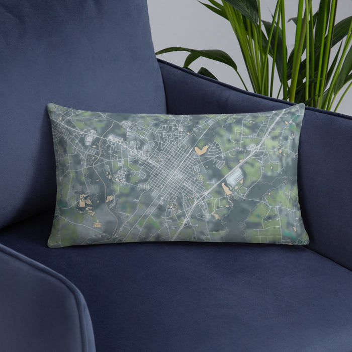Custom Dunn North Carolina Map Throw Pillow in Afternoon on Blue Colored Chair