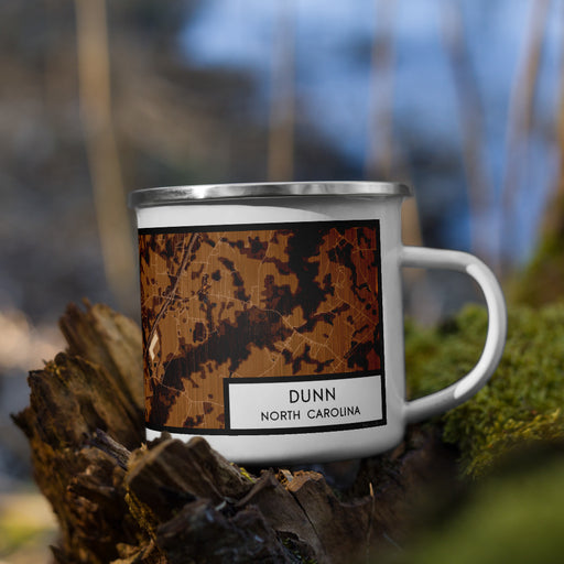 Right View Custom Dunn North Carolina Map Enamel Mug in Ember on Grass With Trees in Background