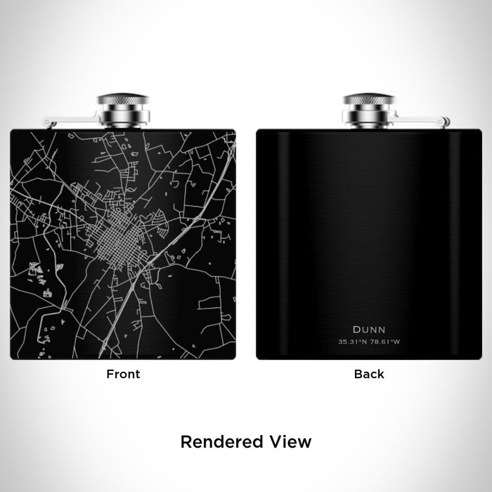 Rendered View of Dunn North Carolina Map Engraving on 6oz Stainless Steel Flask in Black