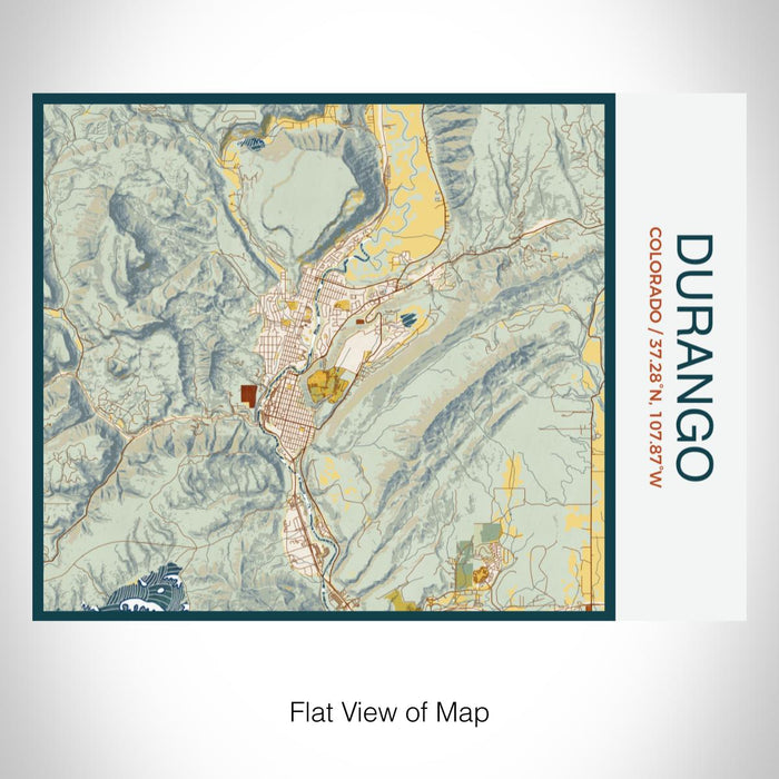 Rendered View of Durango Colorado Map on 20oz Stainless Steel Insulated Bottle with Bamboo Top with printed woodblock style map