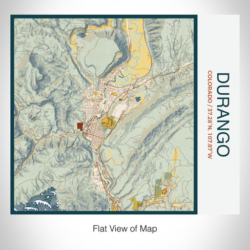 Rendered View of Durango Colorado Map on 17oz Stainless Steel Insulated Tumbler in Woodblock Map Style
