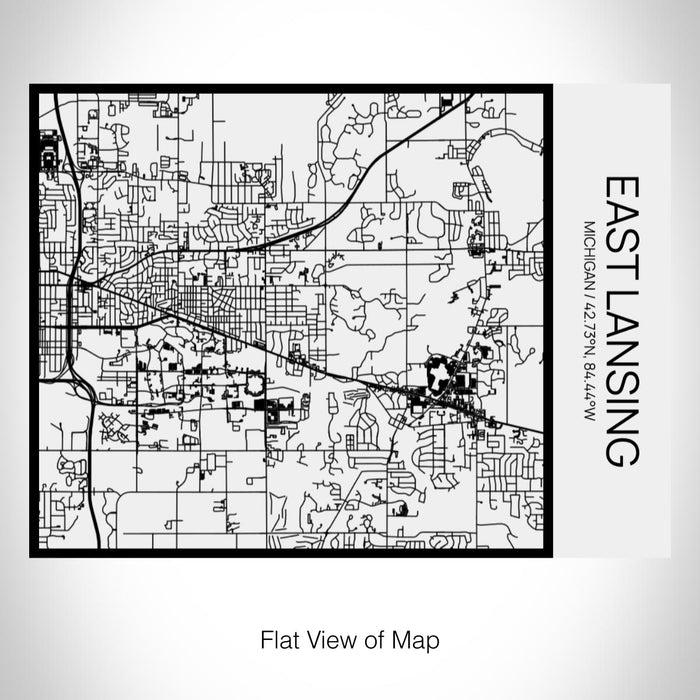 Rendered View of East Lansing Michigan Map on 20oz Stainless Steel Insulated Bottle with Bamboo Top in Matte White with printed Tactile Lines Map in Black